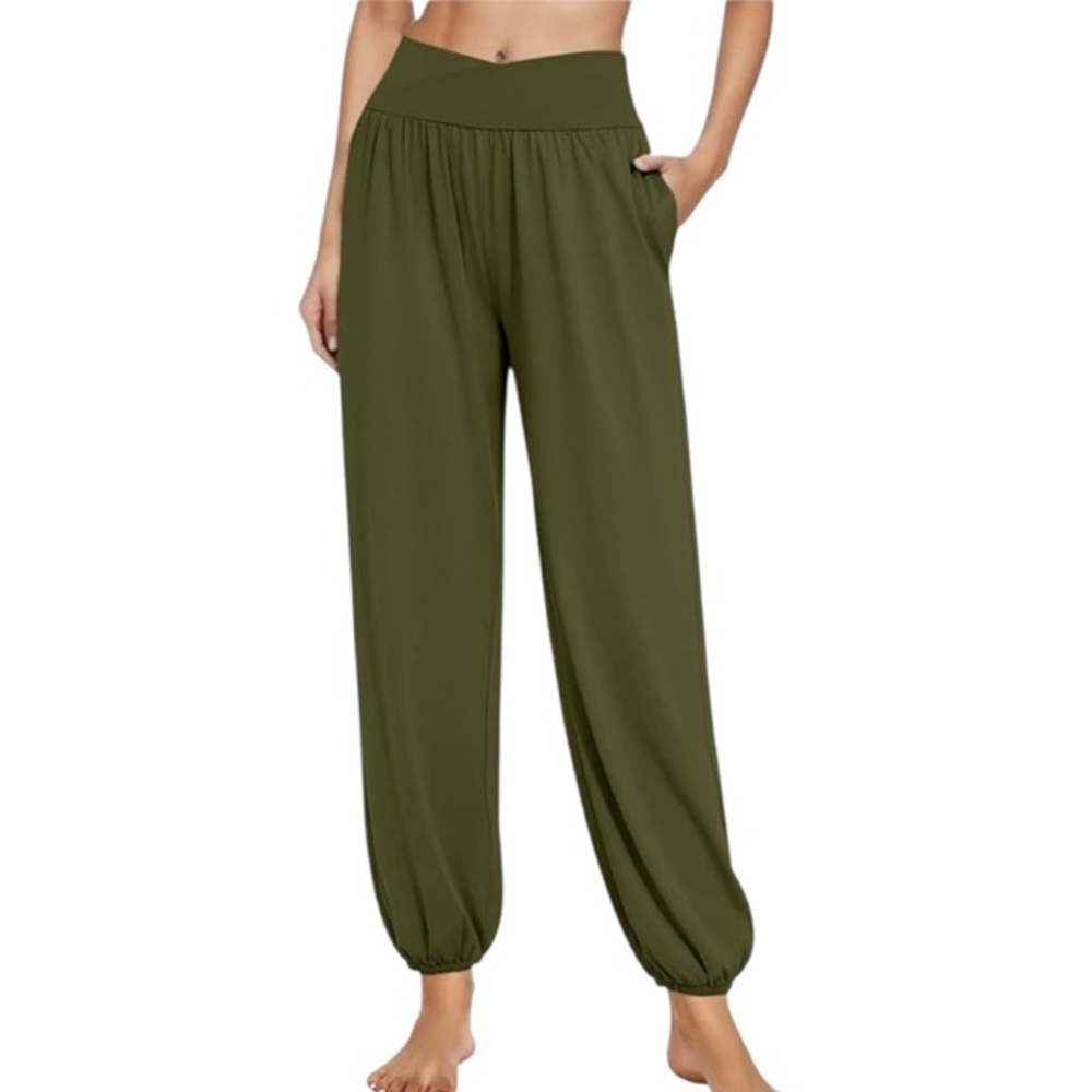 Olive Green Harem High-Waisted Cargo Pants for Flowy Pants Yoga Joggers Sz L